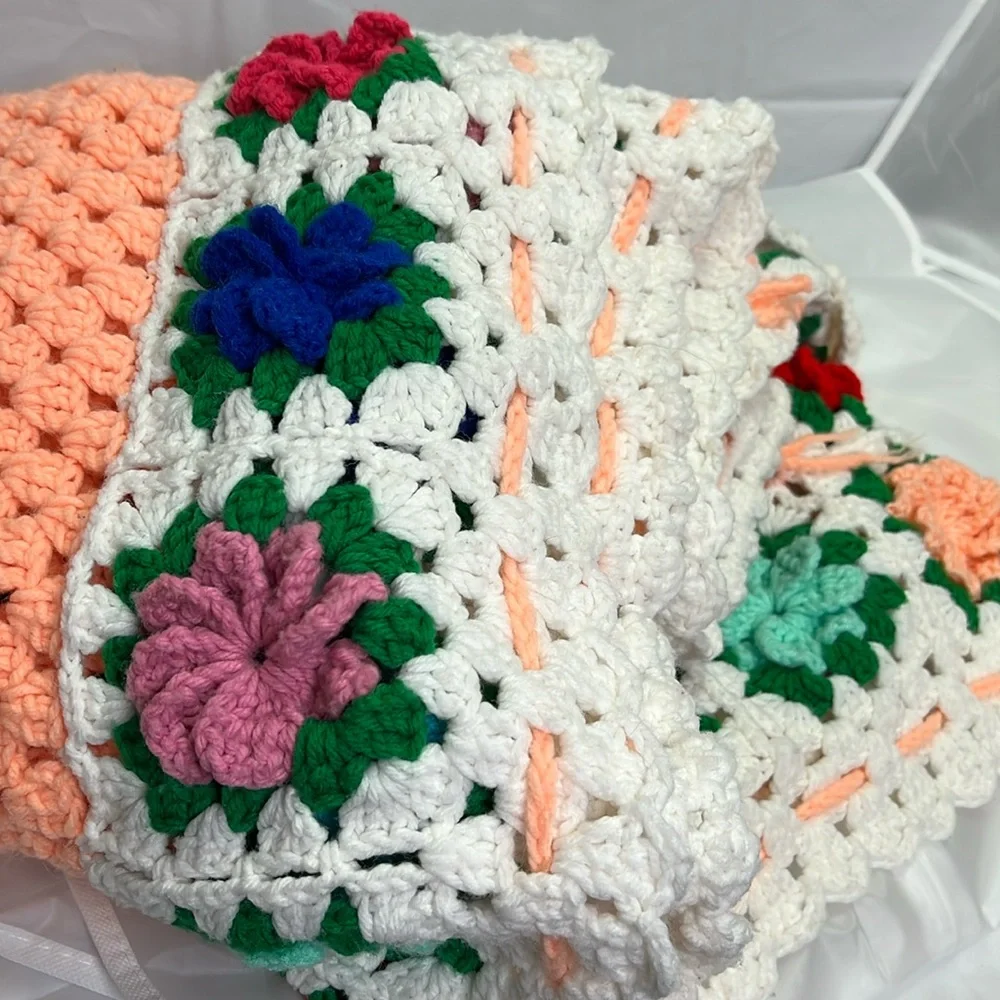 Throw Floral Knitted Hand Made Crafted 46 x43